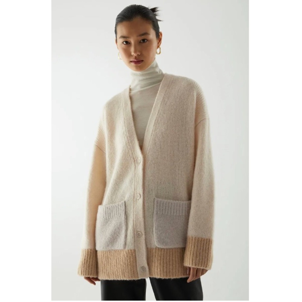 COS Alpaca Wool Blend Colorblock Cardigan Sweater Cream Tan Beige Small S